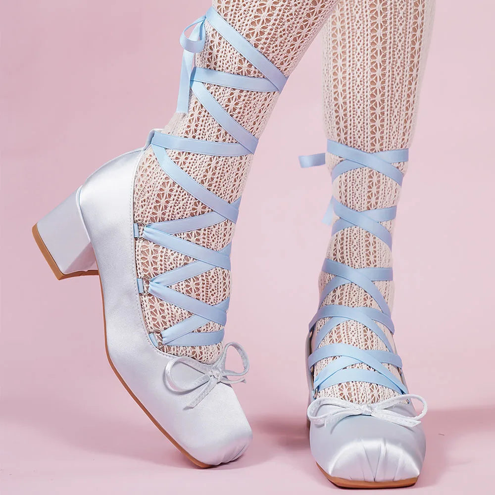 Brand Design Big Size 43 Sweet Pink Mary Jane Pumps Cross-tied Satin 9cm High Heels Ballet Shoes White Party Wedding Shoes Women