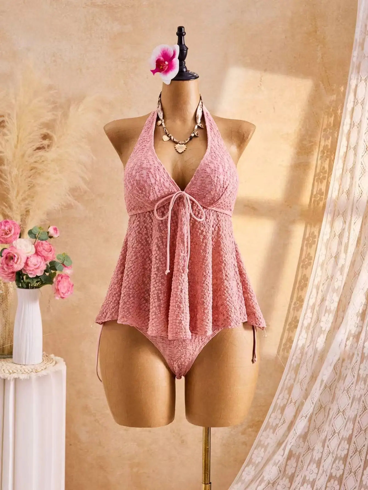 Sexy Front Tie Bikini Set 2026 Pink White V Neck Tank Top Tie Side Thong Swimsuit Summer Bathing Suit Holiday Two Piece Swimwear