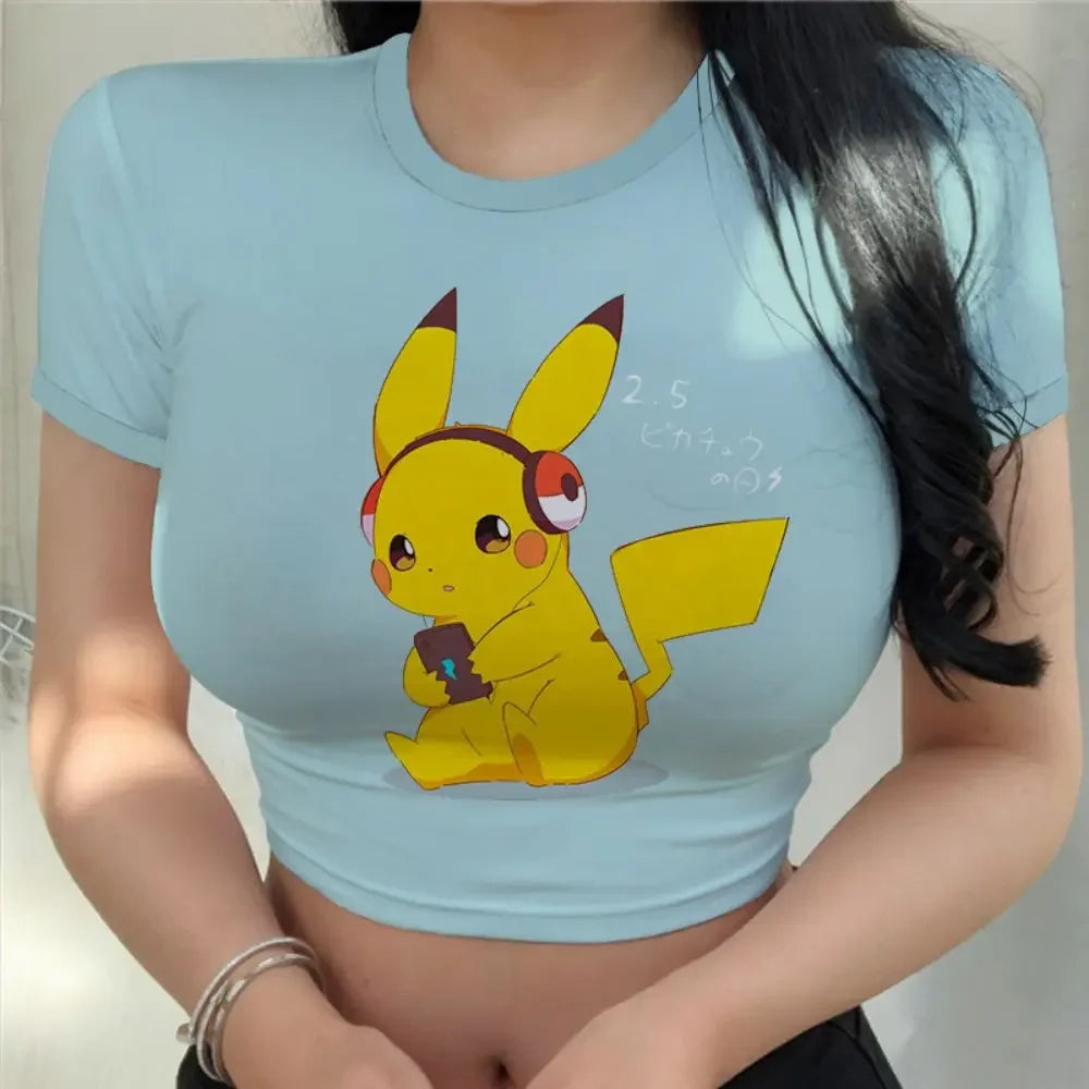 Kawaii Girls Clothes Pikachus Crop Top Women Anime T-shir T Shirt New Girls Fashion Sexy Harajuku Hello Kitty Clothing Tops