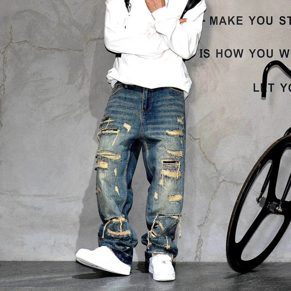Ripped Baggy Jeans Distressed Denim Streetwear Skateboard Pants Straight Leg Patchwork Oversized Urban Fashion Workwear, men's jeans