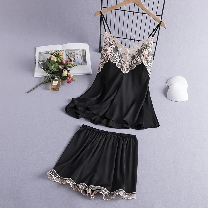 Women Suspender Pajamas Set New Summer Sleepwear Sexy Patchwork Lace Strap Top&Shorts Intimate Lingerie Thin Rayon Home Clothes