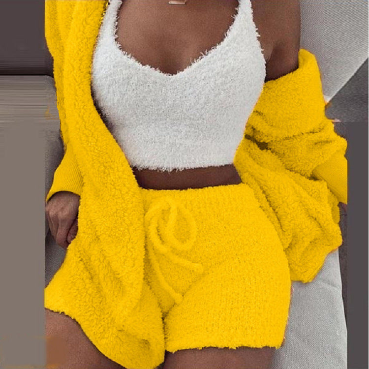Fluffy Pajamas Set for Women Casual Sleepwear Tank Top and Shorts Plus Size Hoodie Leisure Homsuit Winter Teddy 3 Pieces Pijamas