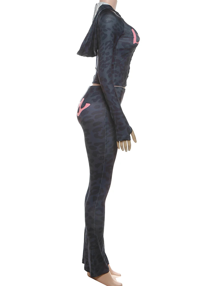 Weird Puss Letter Leopard Print 2 Piece Set Women Casual Zip Hooded Crop Jacke+Leggings Matching Stretch Sporty Street Outfits