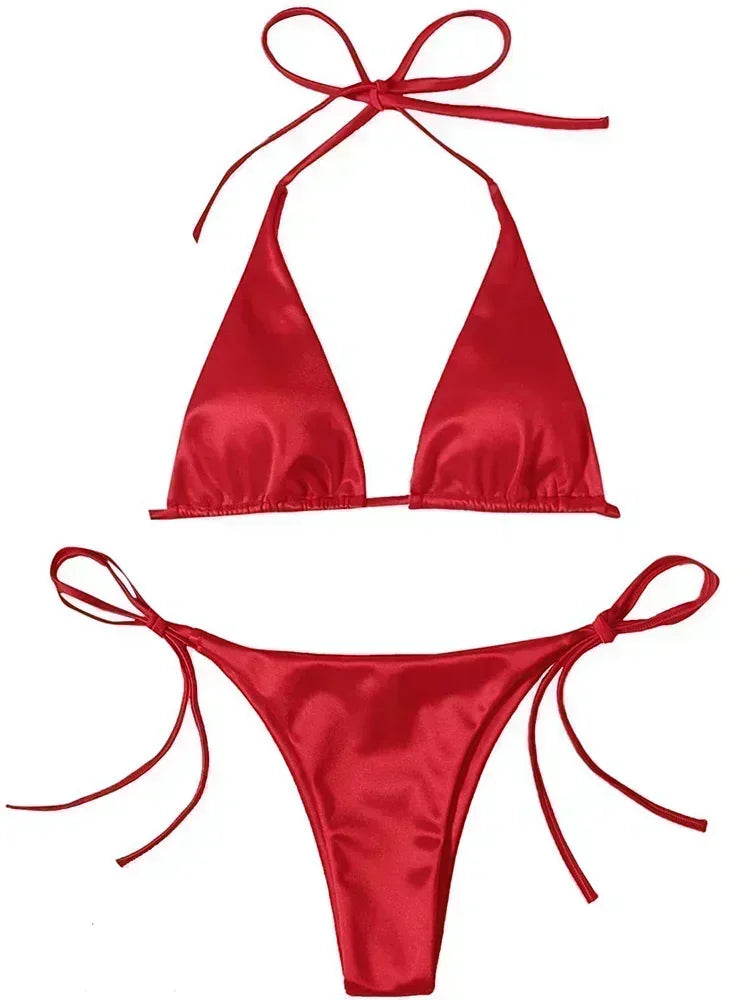 Halter Brazilian Metallic Satin Bikini  Swimwear, Swimsuit Two-pieces Bikini Set High Cut Bathing Suit Swim Beachwear