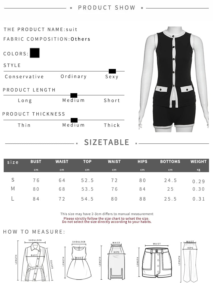 Weird Puss Ribbed Patchwork 2 Piece Set Women Single-Breasted Sleeveless Tops+Stretch Shorts Daily Casual Trend Classic Outfits