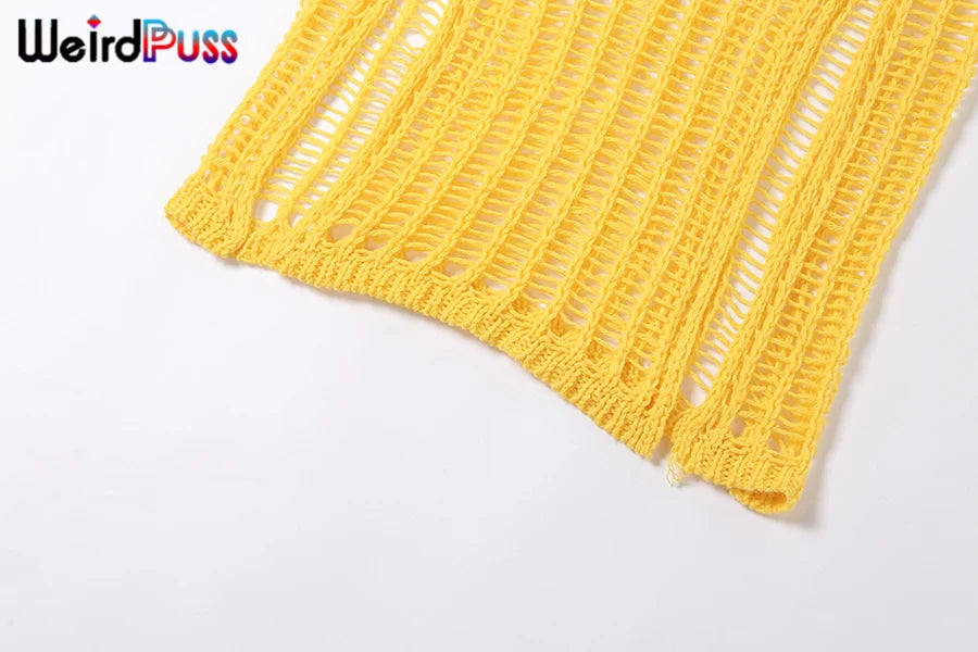 Weird Puss Summer Knit Sexy Long Skirt Women Crochet Elastic See-Through Hollow Out Grid Party Wild Streetwear Solid Bottoms
