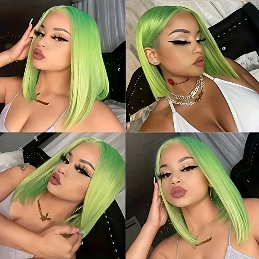 Short Straight Lime Green Lace Bob Wigs Human Hair Wigs Brazilian Remy Lace Frontal Wig Colored Lace Front Wig For Women