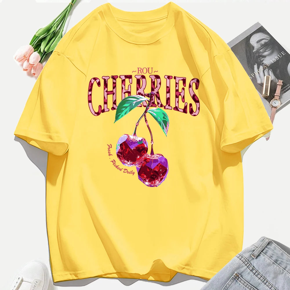 Crystal Cherries Printing Tee Shirt Woman Summer Cotton Tee Tops O-Neck Casual T Shirts Oversized All-Match Short Sleeve