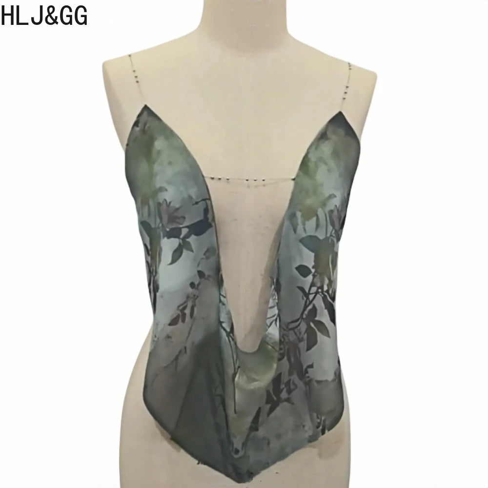 HLJ&GG Sexy Pattern Print Hollow Halter Two Piece Sets Women Deep V Backless Top And Shorts Outfits Fashion Y2K Streetwear Trend