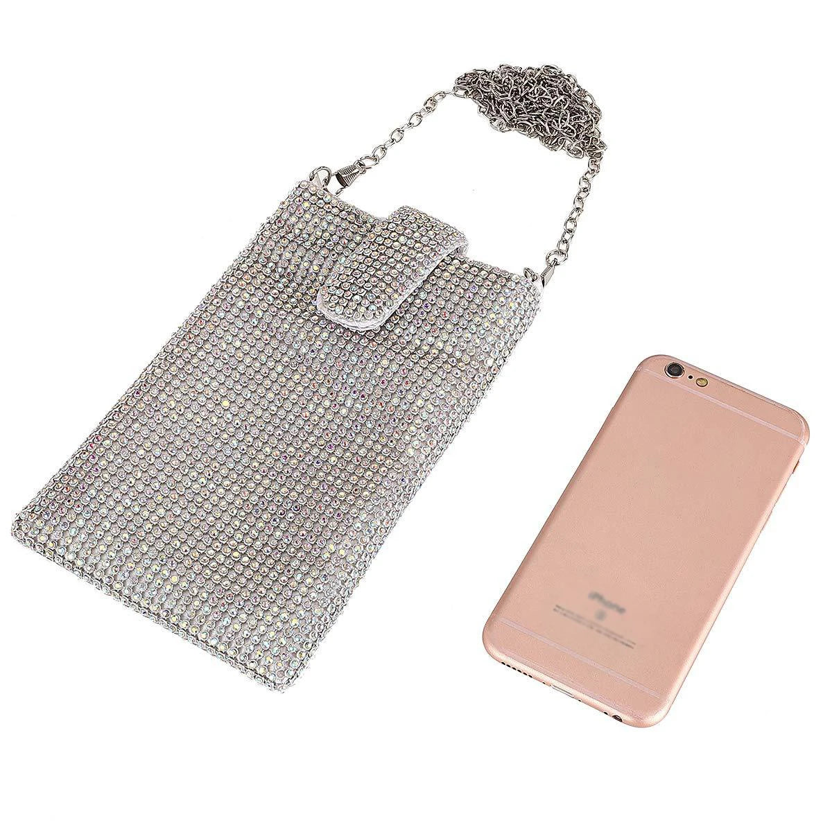 Shiny rhinestone mobile phone wallet, metal chain shoulder lipstick mini bag, dinner party ball messenger bag