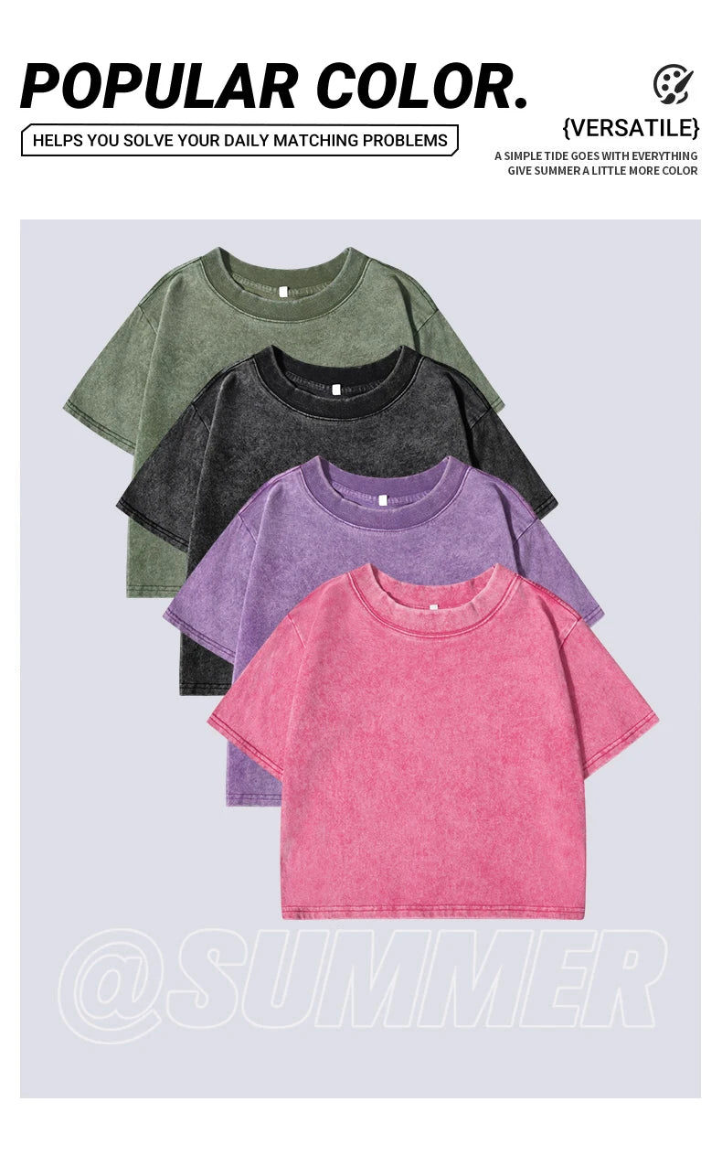 Slim Retro T-Shirt Solid Color Women Fashion Cotton Tee Tops Casual Sport Short Sleeve Cool Washed Streetwear For Female