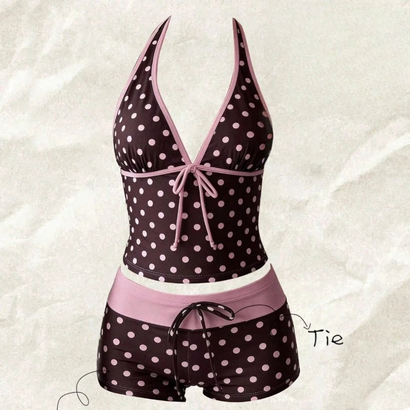 Women Swimwears Polka Dot 2-Piece Tankini Set Halter V Neck Front Tie Cami Top & Contrast Waistband Drawstring Swim Shorts