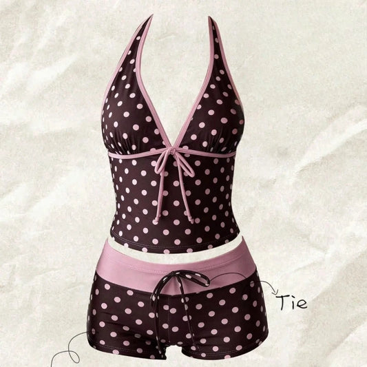Women Swimwears Polka Dot 2-Piece Tankini Set Halter V Neck Front Tie Cami Top & Contrast Waistband Drawstring Swim Shorts