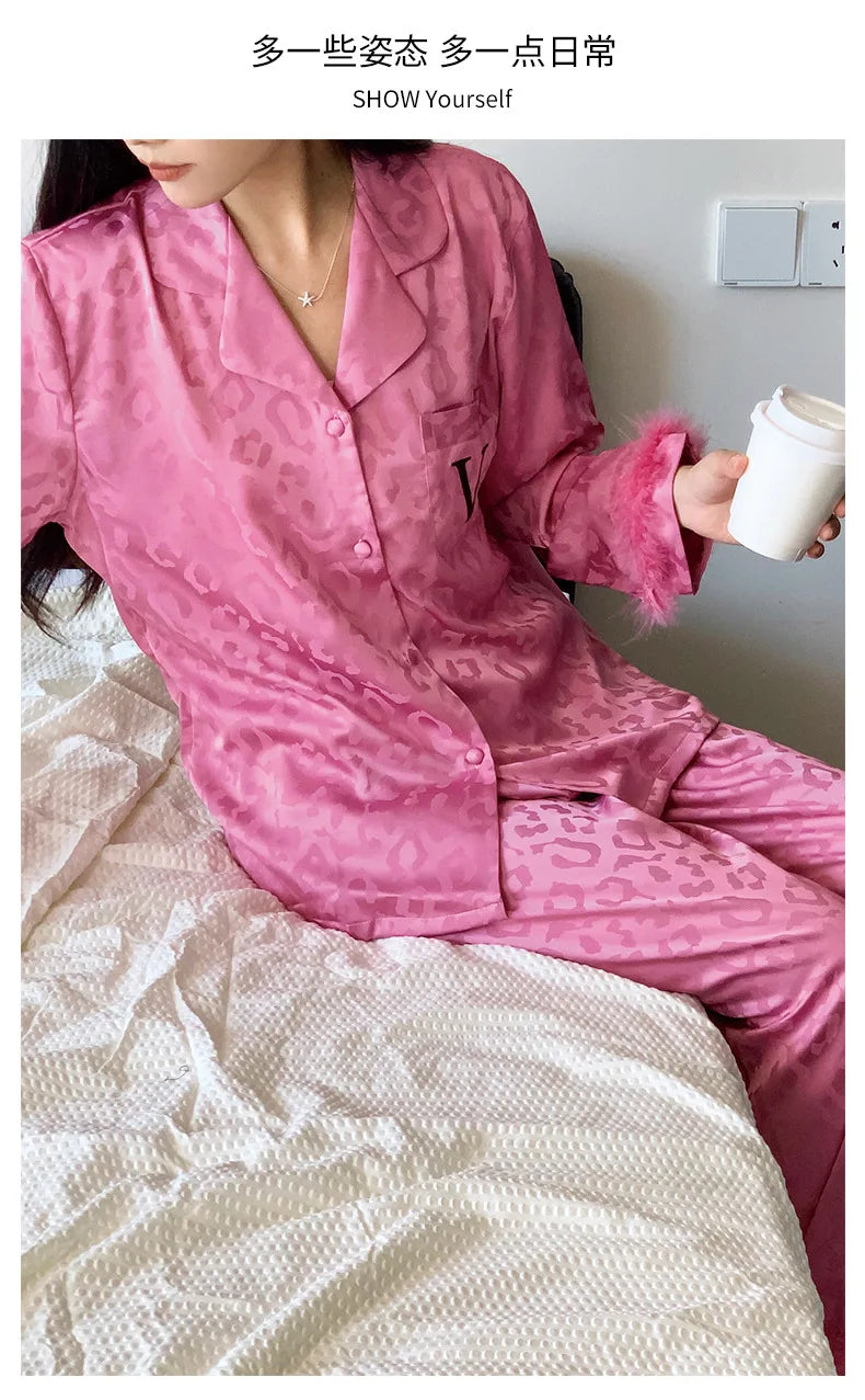Female 2PCS Pajamas Set Spring Autumn Feathers Long Sleeve Trouser Suits Sleepwear Fashion Sexy Rayon Hot Pink Leopard Homewear