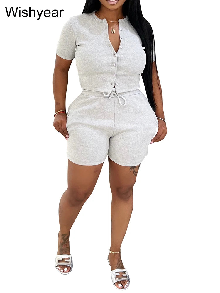 Casual Shirt Coats Tops and Shorts Two Piece Sets Fashion Short Sleeve Sports Streetwear Women Rib Hot Pants Outfits Sweat Suits