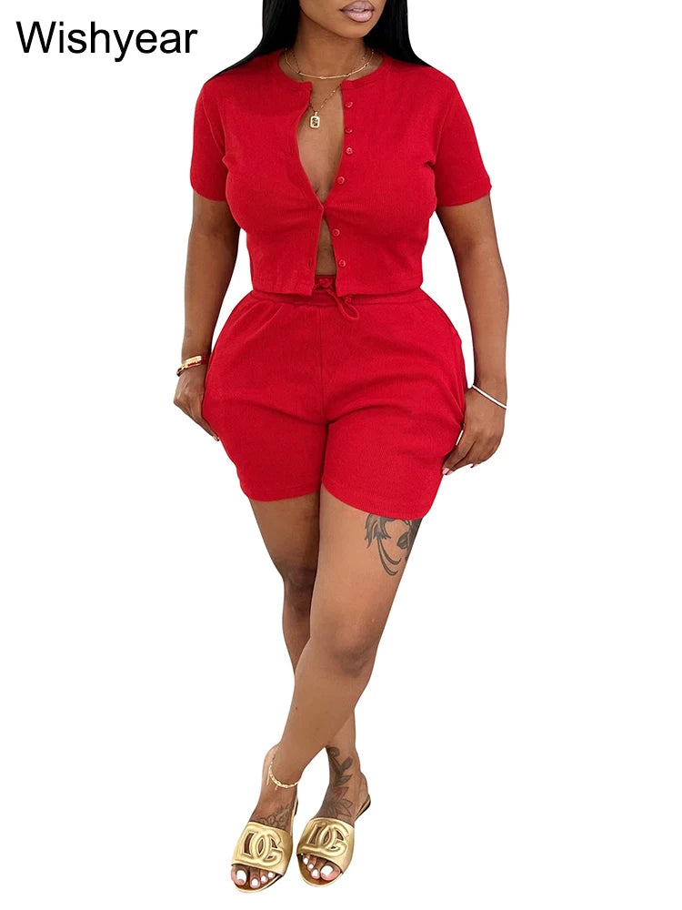 Casual Shirt Coats Tops and Shorts Two Piece Sets Fashion Short Sleeve Sports Streetwear Women Rib Hot Pants Outfits Sweat Suits