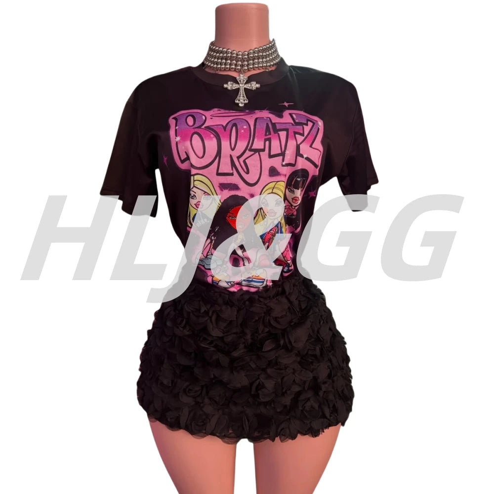 HLJ&GG Fashion Pattern Print Loose Tshirts Two Piece Sets Women O Neck Short Sleeve Top + Fur Mini Skirts Outfits Y2K Streetwear