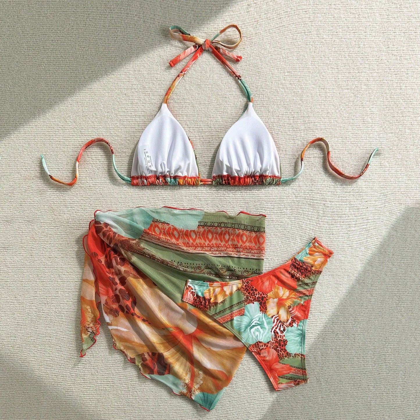 Orange Flower Print Swimwear Halter String Triangle Bikinis Sets 3 Piece Cover Ups Sexy Swimsuit Women 2026 Beach Wear Bikini