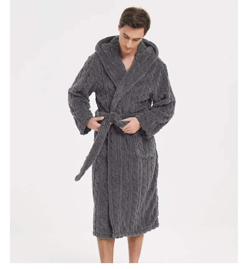 Warm Sleepwear Thicken Jacquard Flannel Men Robe Plush Coral Fleece Hooded Bathrobe Gown Winter Lounge Wear Home Wear Nightwear