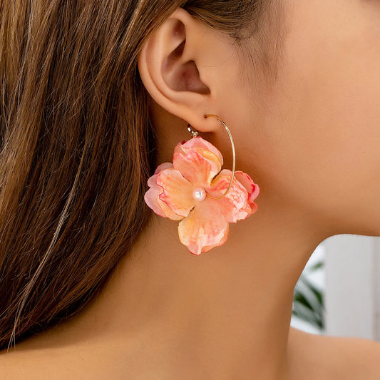 Pink Gradient Flowers Pearl Stud Earring Hoops Woman Trend 2025 Girls Gifts Fashion Jewelry Accessories Hot Sale Party Gift