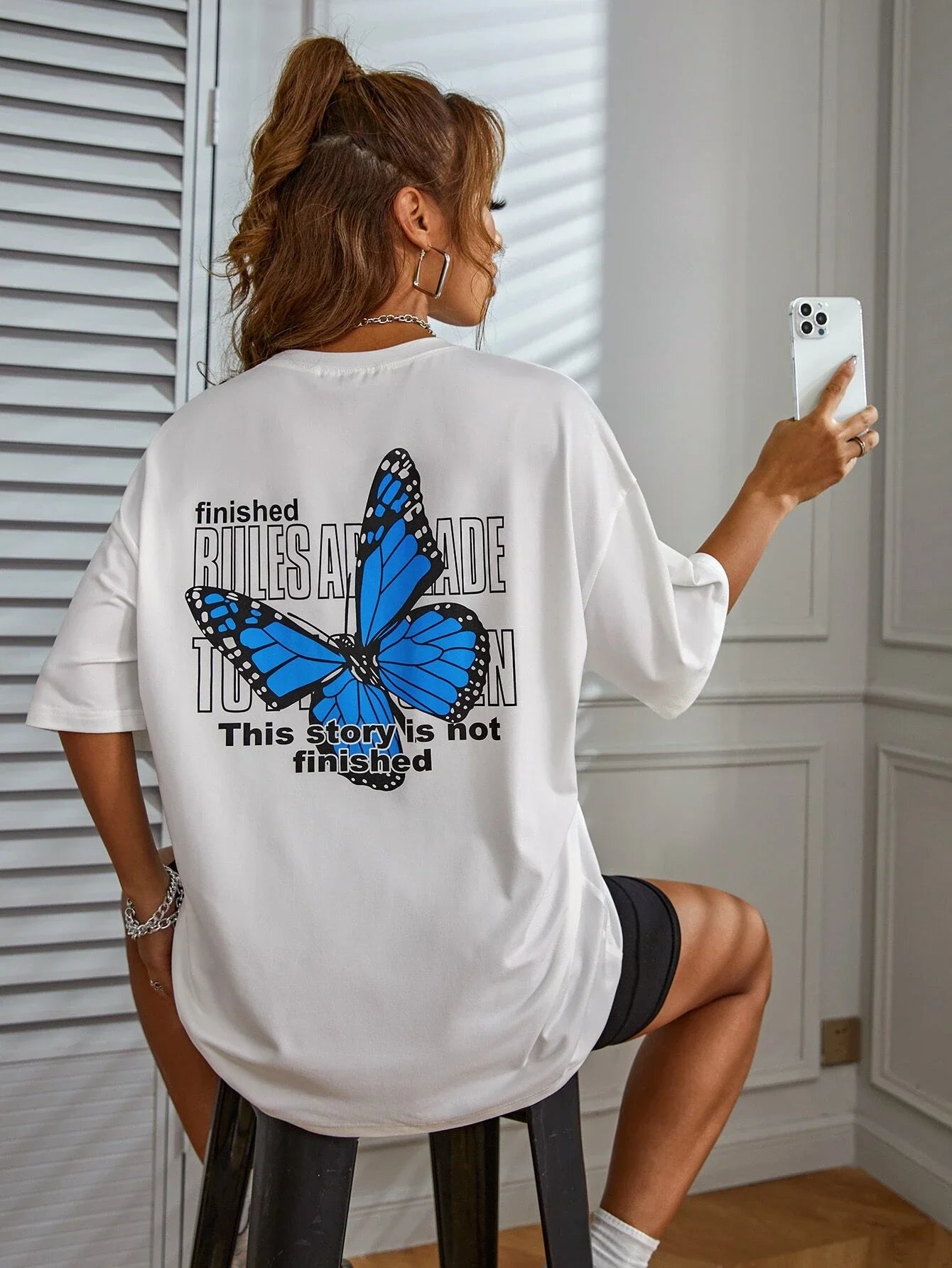 Art Word and Blue Butterfly Printed Women T-Shirt Casual Cotton Short Sleeve Breathable Summer T Shirt Street  Clothing