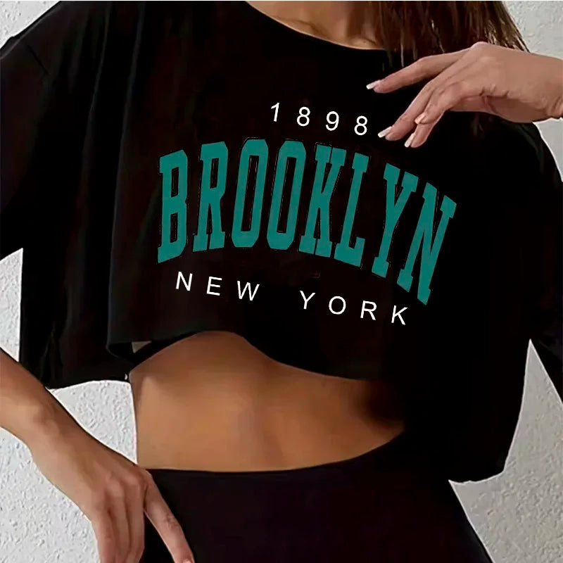y2k T Shirt Los Angeles Number 91 Brooklyn Graphic Round Neck Sports Crop T-shirt Casual Crop Top Women Cropped
