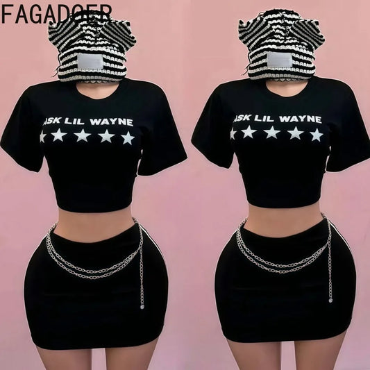FAGADOER Sexy Women 2 Piece Set Outfit Letter Print Crop Tops + Bodycon Mini Skirts Suit Hot Girl Streetwear Clothing Spring New