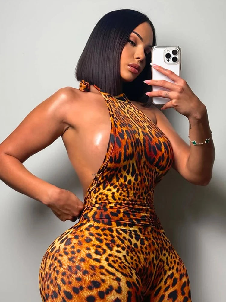 Weird Puss Backless Romper Women Halter Bandage Leopard Print Fit Tight Stretch Summer Sexy Hipster Activity Workout Playsuits