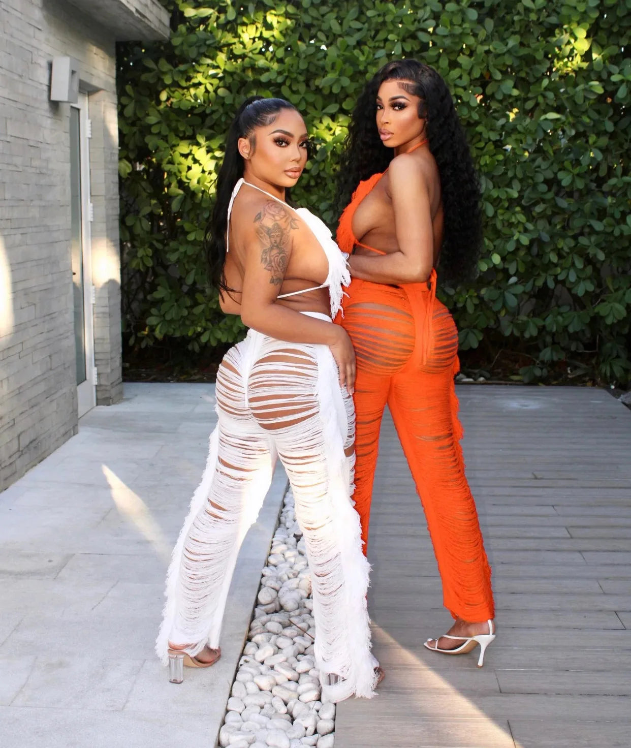 Summer Tassel Club Pants Outfits Set Sexy Women Backless Two Pieces Party Matching Set Top+Hollow Out Pants