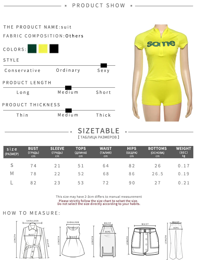 Weird Puss Letter Print Women2 Piece Set Casual Sporty Zip Crop Tops+Shorts Matching Streetwear Stretch Skinny Streetwear Suits