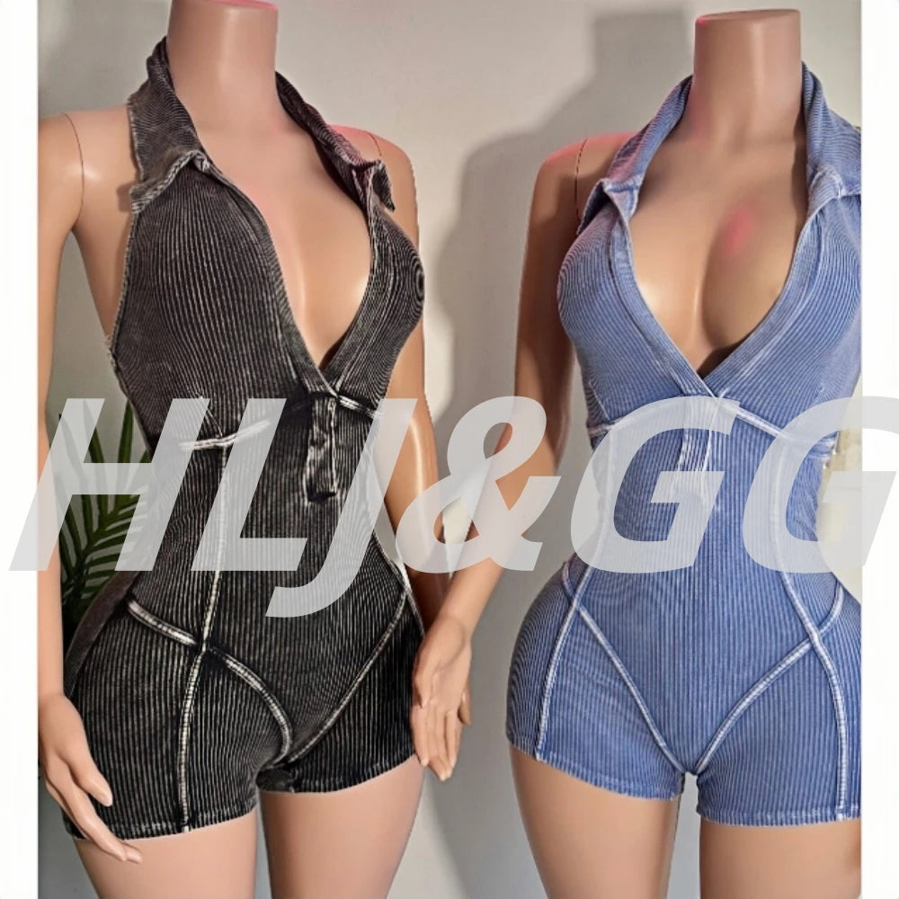 HLJ&GG Sexy Ribber Deep V Bodycon One Piece Rompers Women Sleeveless Backless Slim Jumpsuits Fashion Solid Color Overalls 2025