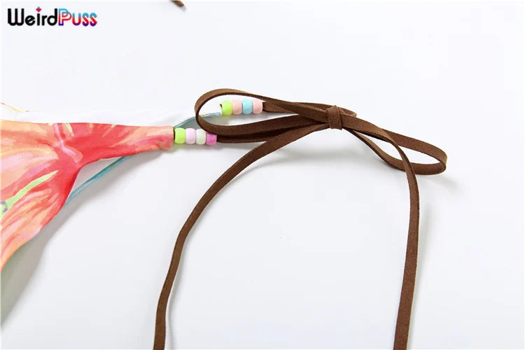 Weird Puss Beach Style Women 2 Piece Set Y2K Vacation Swimsuit Colorful Pearl Halter Bikini Bra+Panties Party Matching Clubwear