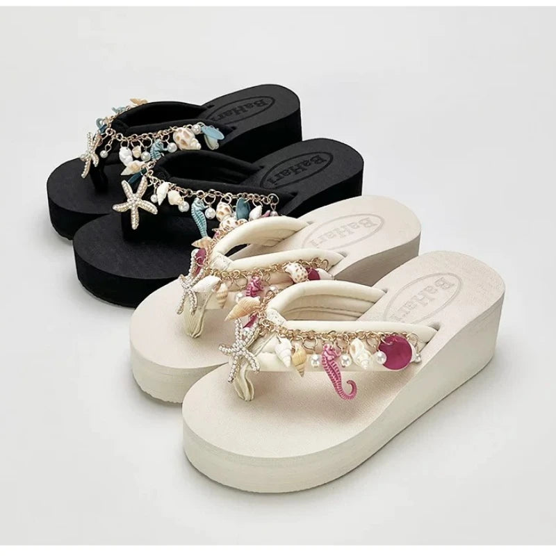 Bohemian High-heeled Flip-flops for Women Summer Vacation Platform Beach Slippers