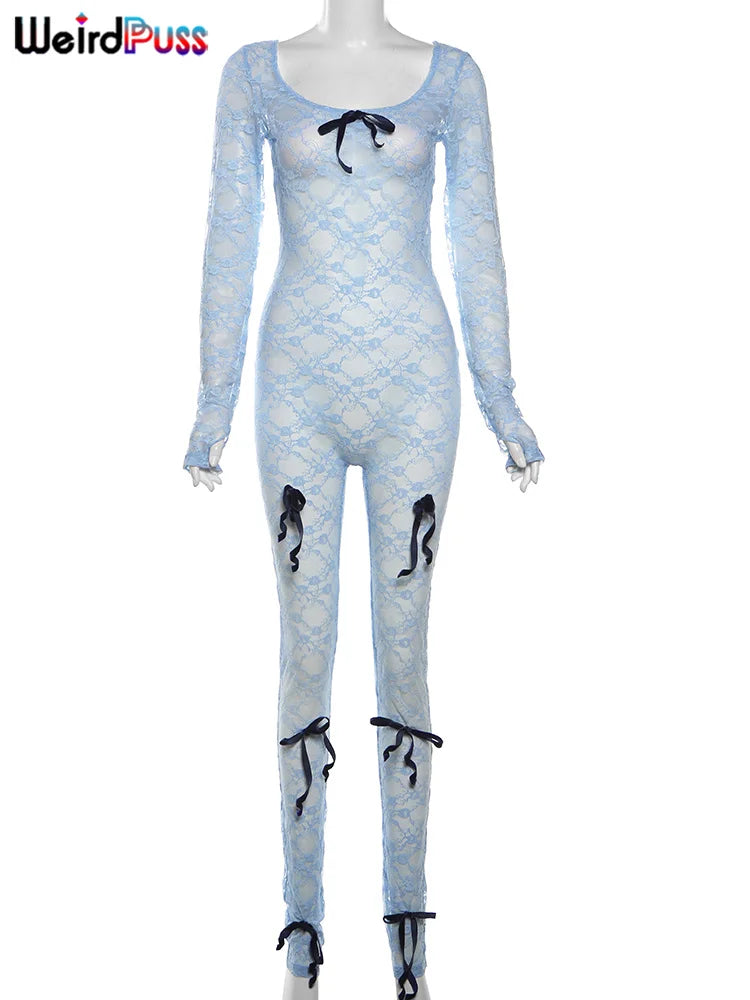 Weird Puss See Through Jumpsuit Sexy Women Summer Fashion Coquette Low-Neck Midnight Clubwear Skinny Elastic Workout Overalls