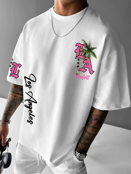 2025 hot selling new summer men's letter and tree print pattern breathable and comfortable T-shirt outdoor casual top