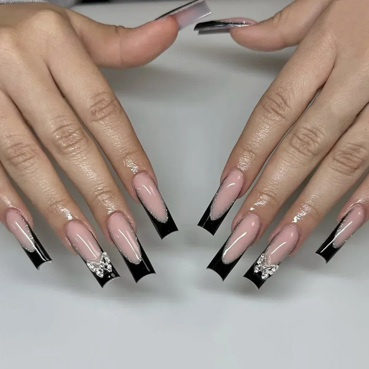 24Pcs Shimmery Long Coffin False Nails with Glue Ballerina Nail Design Sweet Fashion French Press on Acrylic Nails Tips
