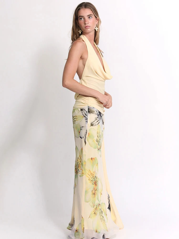 Weird Puss Elegant Women 3 Piece Set Stack Trend Halter Tops+Split Tassel Tassel+Flowers Mesh Skirts Matching Vacation Clubwear