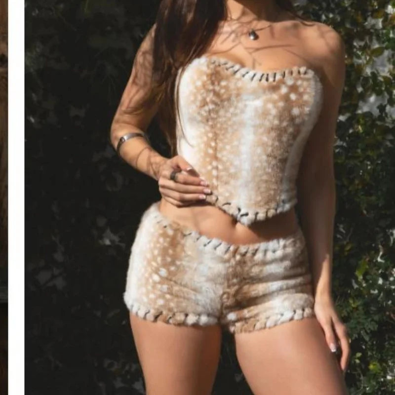Women Halloween Costume Deer Print Faux Fur Strapless Tube Top+Shorts