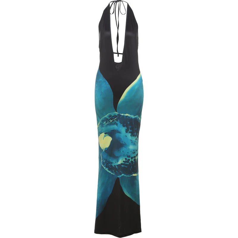 Weird Puss Orchid Print Women Halter Dress Sexy Y2K Sleeveless Backless Bandage Behind Splits Elegant Midnight Clubwear Vestidos