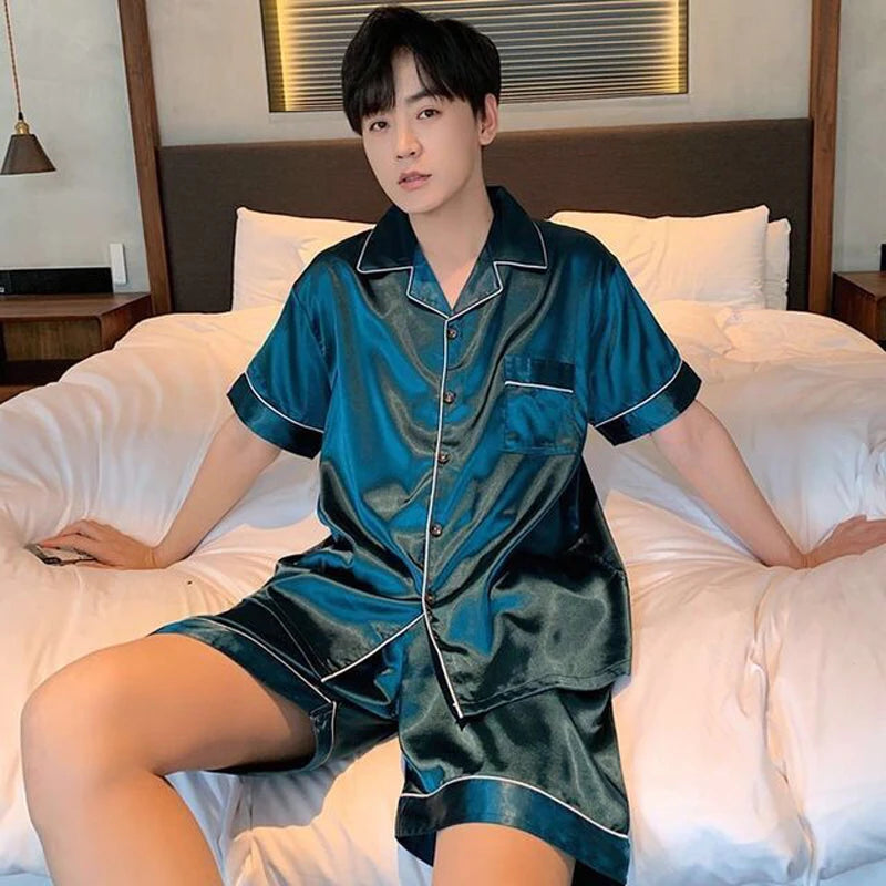 Summer New Pajamas For Man Big Size Satin Mens Pajama Sets Shorts Silk Short Sleeve Sleepwear Home Pijama Night Wear Loungewear