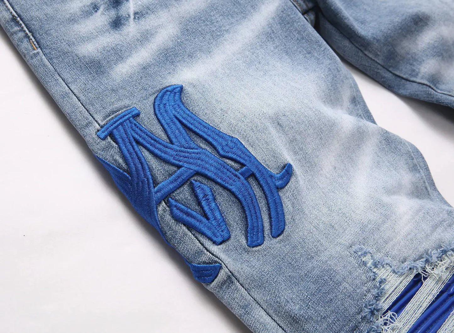 Current AM Brand Embroidered Distressed Patch High Street Youth Men's Slim Fit Skinny Pants