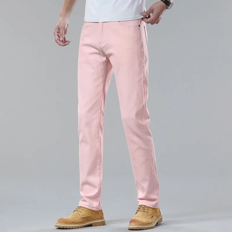White Yellow Pink fashion 5 Color Men's Cotton Casual Pants Jeans Slim Straight Solid Color Business Trousers Four Seasons Brand