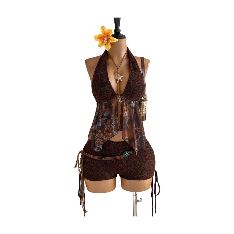 Pant Suit Halter V Neck Chiffon Spliced Floral Top Side Drawstring Shorts Matching Outfit For Women Beach Vacation Boho Retro Stylish Wear