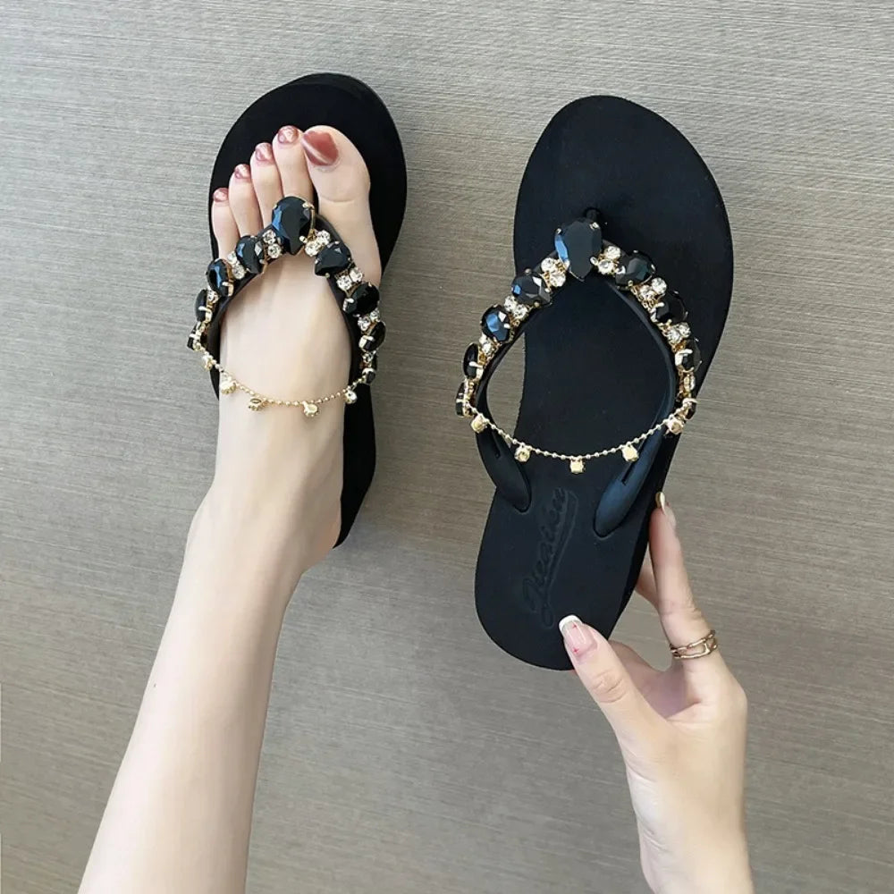 Women Slippers Fashion 2026 Summer New Water Diamond Flip Flops Women Outwear Thick Sole Slope Heels Beach Vacation Slippers