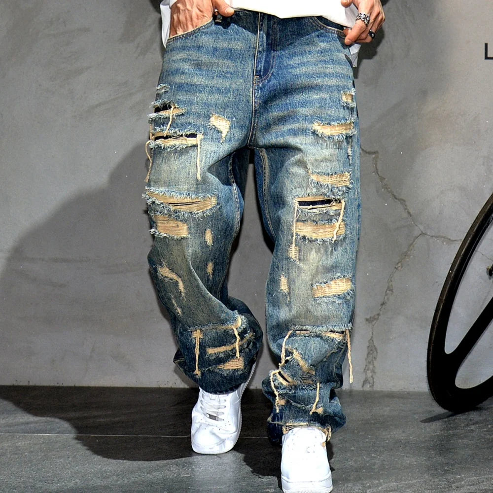 Ripped Baggy Jeans Distressed Denim Streetwear Skateboard Pants Straight Leg Patchwork Oversized Urban Fashion Workwear, men's jeans