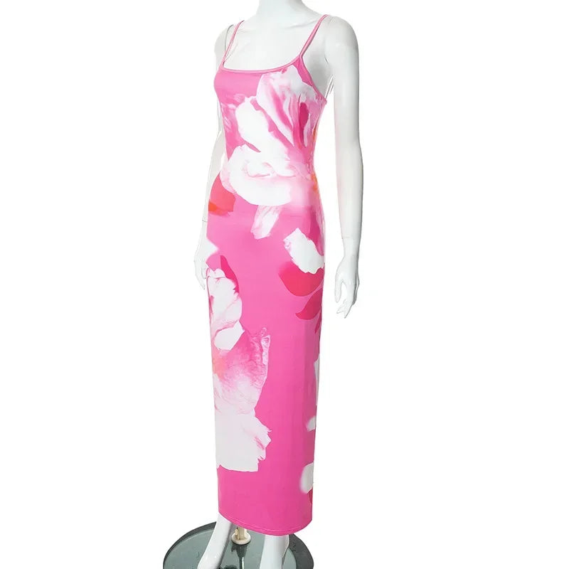 Elegant Printed Backless Long Dress Summer Women's Fashion Contrast Color Party Dress Patchwork Suspender Long Dress 2024 New