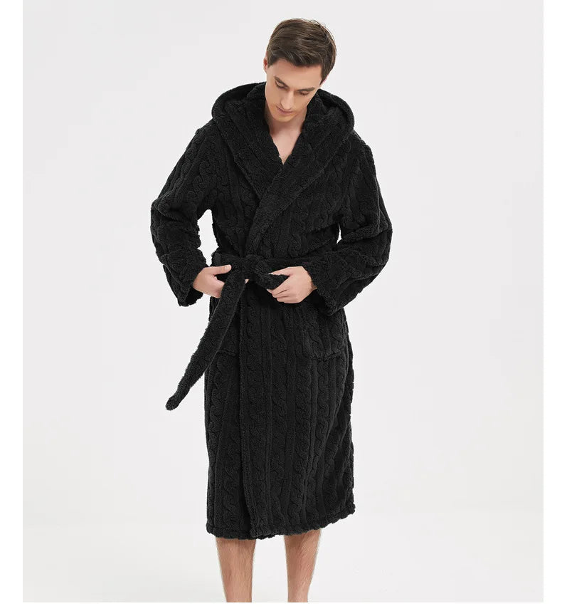 Warm Sleepwear Thicken Jacquard Flannel Men Robe Plush Coral Fleece Hooded Bathrobe Gown Winter Lounge Wear Home Wear Nightwear