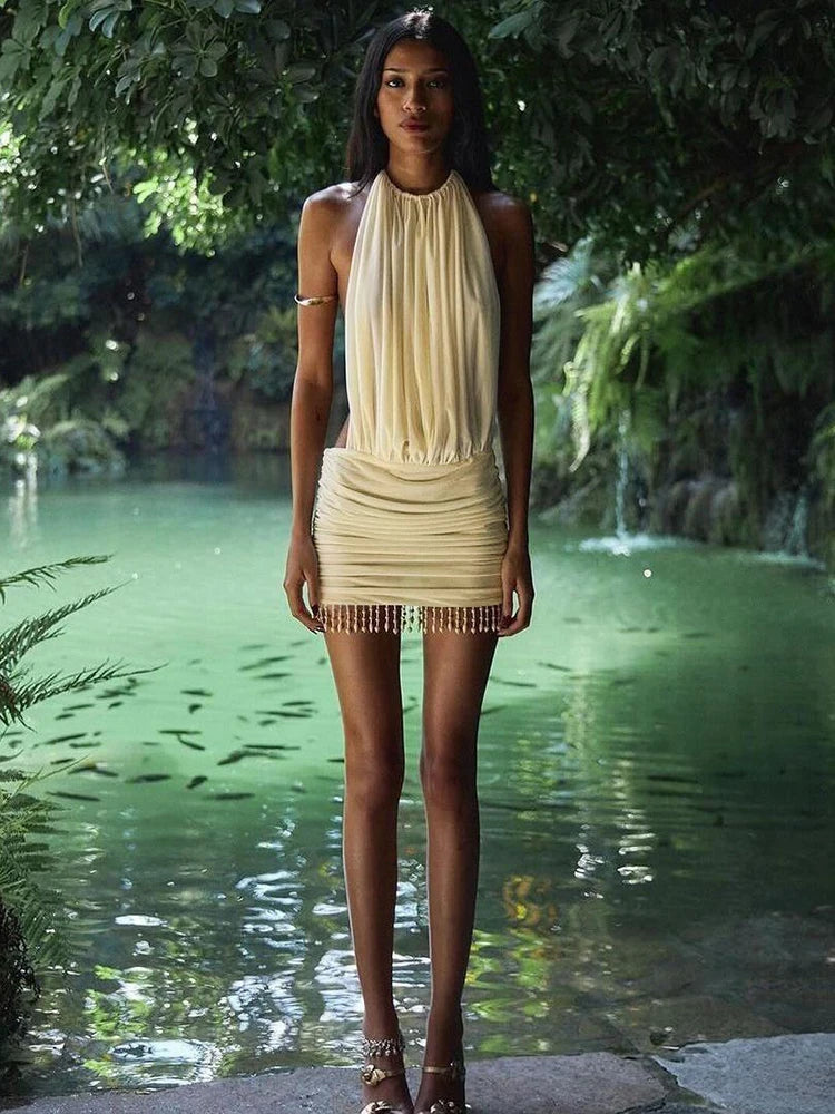 Mesh Lace-Up Halter Pearl Tassel Mini Dress — Women's Club