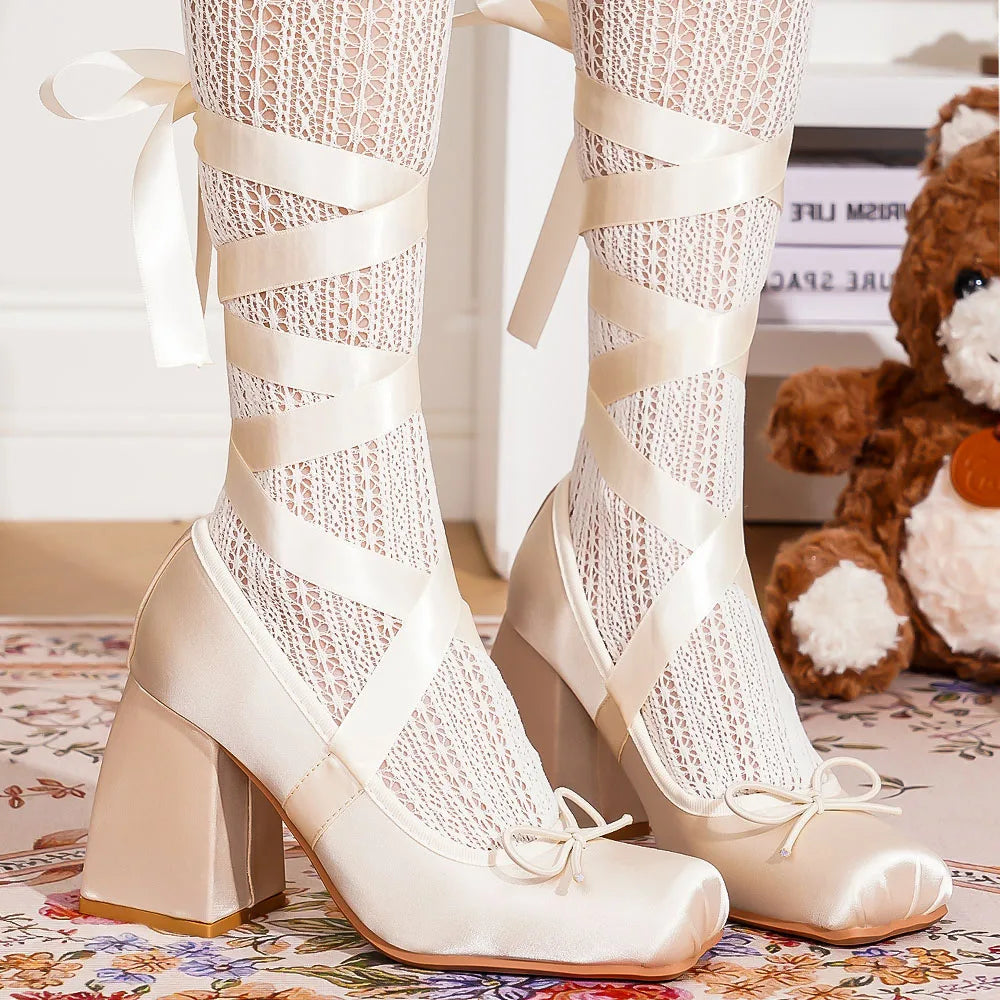 Brand Design Big Size 43 Sweet Pink Mary Jane Pumps Cross-tied Satin 9cm High Heels Ballet Shoes White Party Wedding Shoes Women