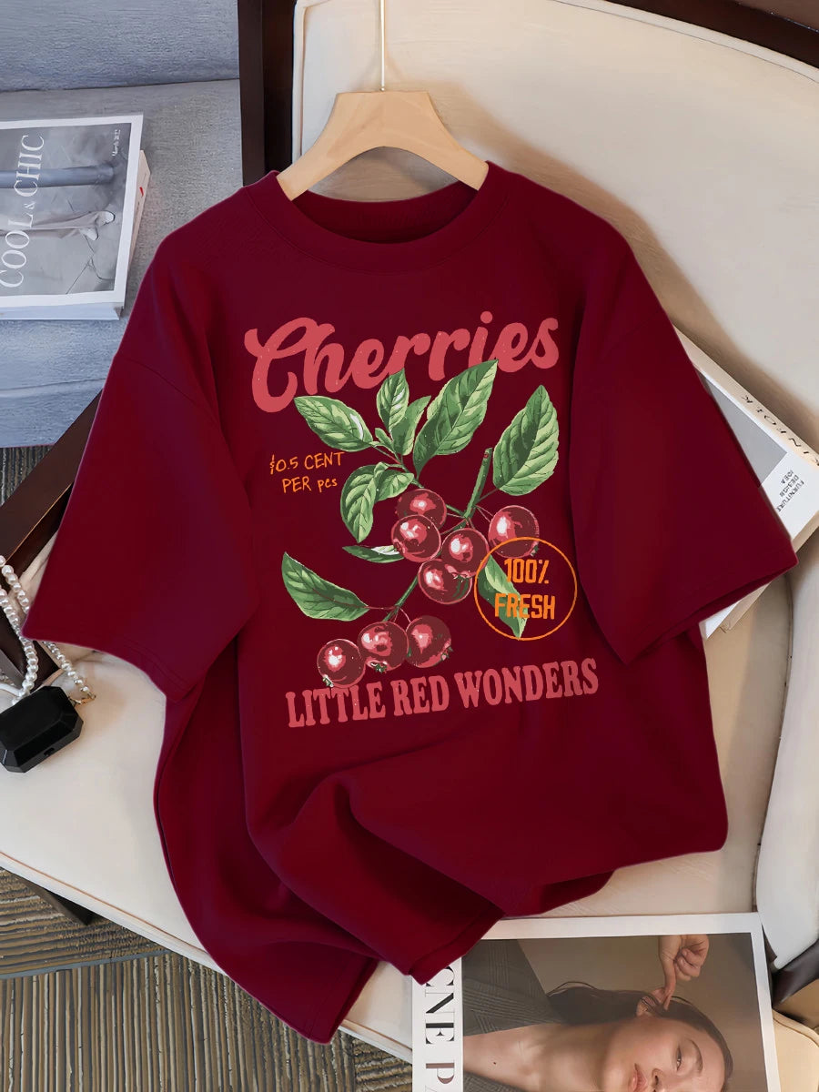 Cherries 100% Fresh Little Red Wonders Design Women T-Shirt Casual Loose T Shirts Hip Hop Cotton Sportswear Summer Soft Top